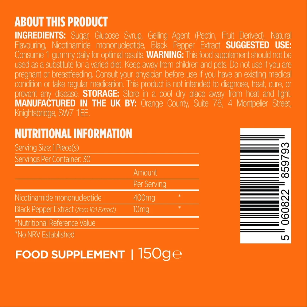 Back of a gummy supplement box on a solid orange background, showing product details, ingredients, nutritional information, and a barcode.