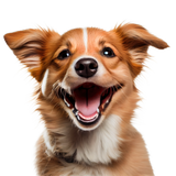 A close-up portrait of a smiling brown and white dog with floppy ears, shown against a solid black background.