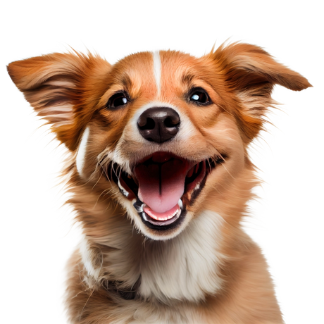 A close-up portrait of a smiling brown and white dog with floppy ears, shown against a solid black background.