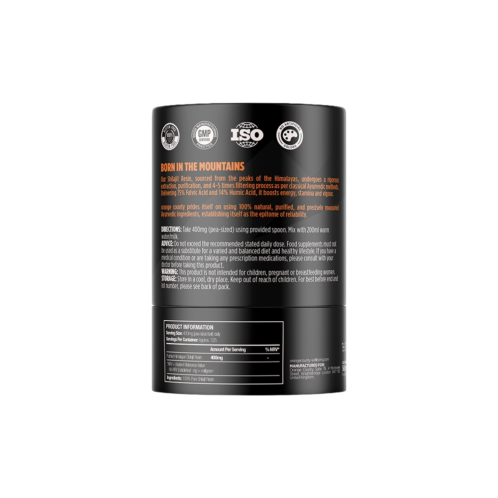 A black cylindrical supplement container shown from the back, featuring orange text and several certification logos at the top, on a plain white background.
