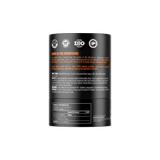 A black cylindrical supplement container shown from the back, featuring orange text and several certification logos at the top, on a plain white background.