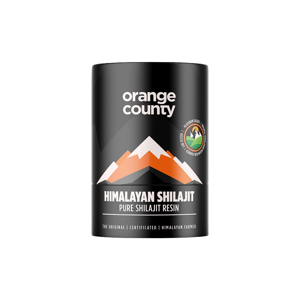 A black cylindrical container of Orange County Himalayan Shilajit Pure Shilajit Resin, featuring an orange and white mountain graphic on the label, set against a plain white background.
