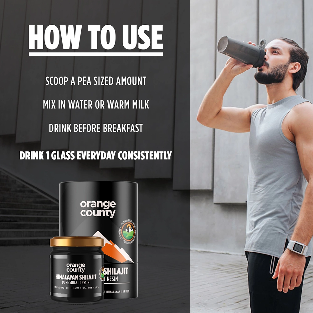 Orange County Shilajit products with a man drinking from a shaker bottle outdoors.