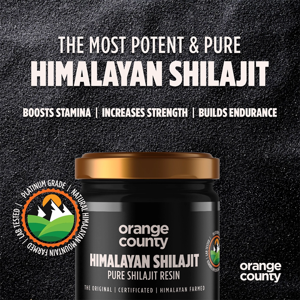 Orange County Himalayan Shilajit resin jar with promotional text on a black background