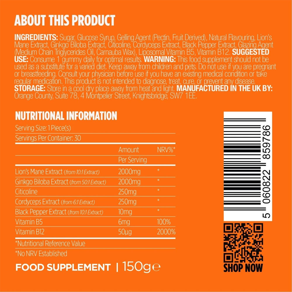 Orange product information label for Lion's Mane Extract food supplement, showing ingredients, nutritional information, a barcode, and a 'SHOP NOW' QR code.