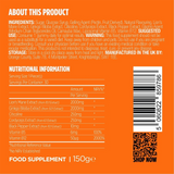 Orange product information label for Lion's Mane Extract food supplement, showing ingredients, nutritional information, a barcode, and a 'SHOP NOW' QR code.
