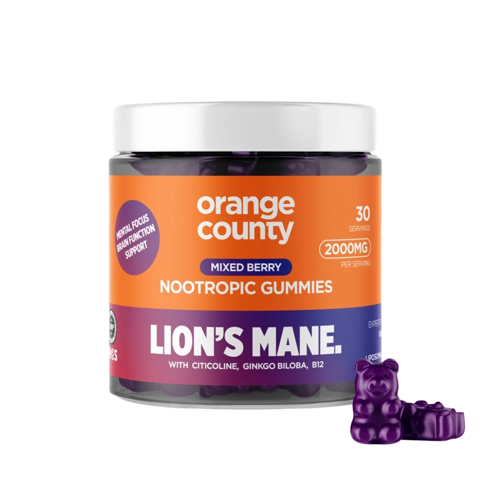 A jar of Orange County Lion's Mane Nootropic Gummies with a white lid and an orange, purple, and blue label, shown on a white background with three purple gummy bears in front.