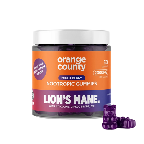 A jar of Orange County Lion's Mane Nootropic Gummies with a white lid and an orange, purple, and blue label, shown on a white background with three purple gummy bears in front.