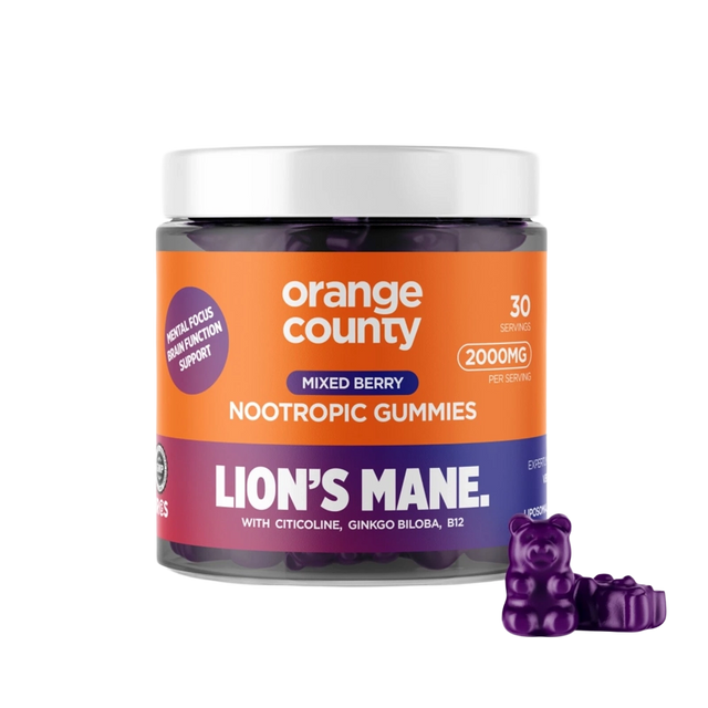 A jar of Orange County Lion's Mane Nootropic Gummies with a white lid and an orange, purple, and blue label, shown on a white background with three purple gummy bears in front.