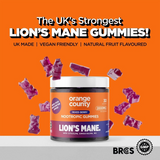 Orange County Lion's Mane gummies packaging with text on an orange background